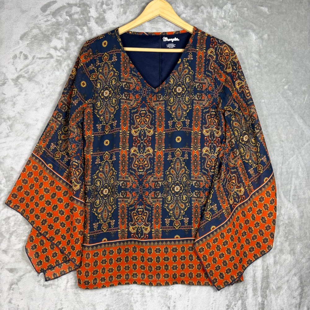 Wrangler Womens Boho Top Paisley Bell Sleeve‎ Medium Blue Orange Western Peasant